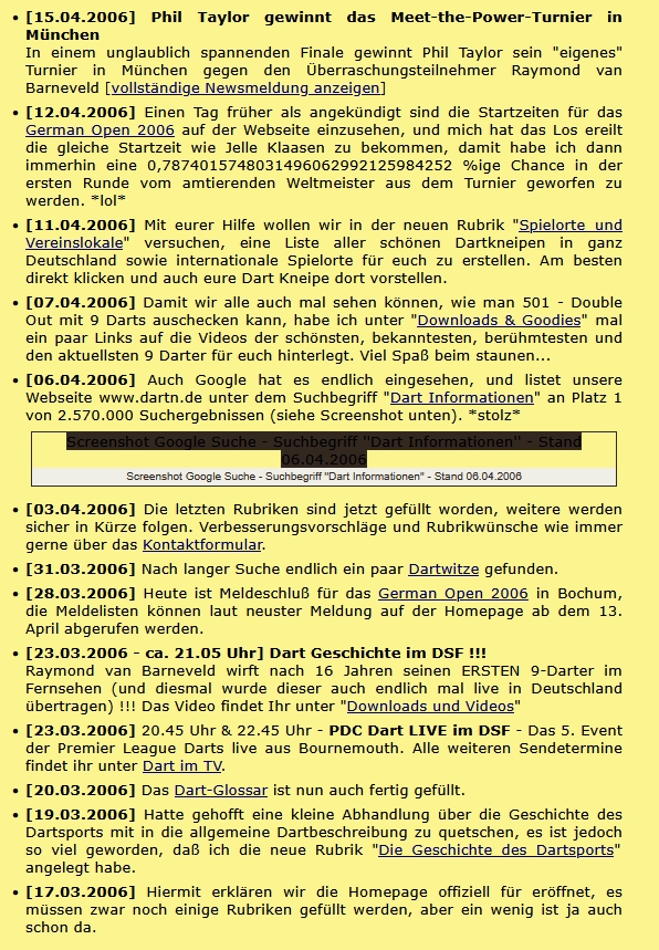 Die ersten Zeilen 2006 auf Dartn.de